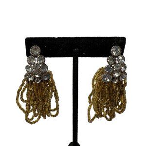 Vintage Rhinestone Earrings Gold Tone Seed  Multi Strand Beads‎ Pierced Dangle